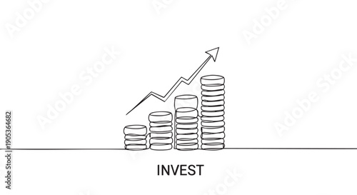 Continuous line drawing illustrates increasing coin stacks and an upward trending arrow, symbolizing financial growth, investment, and success with the word 'INVEST' written below