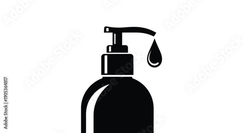 Black dispenser bottle with a drop of liquid on a white background symbolizing soap or sanitizer