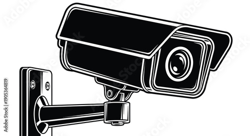 Security camera mounted on wall bracket black and white illustration surveillance equipment for safety and monitoring purposes