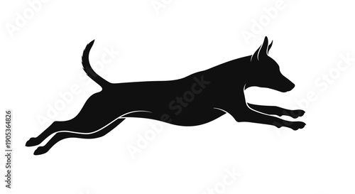 Silhouette of a dog running with its body extended.