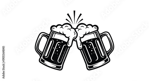 Two beer mugs clinking together with foam celebration toast