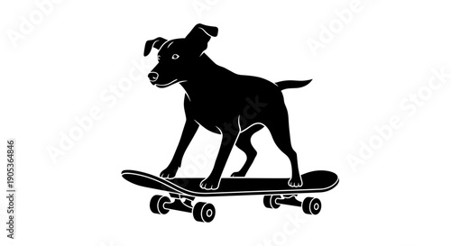 Silhouette of a dog skillfully riding a skateboard.