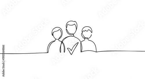 Three abstract continuous line drawing human figures, one with a prominent checkmark on its chest, are depicted in a minimalist, modern illustration style
