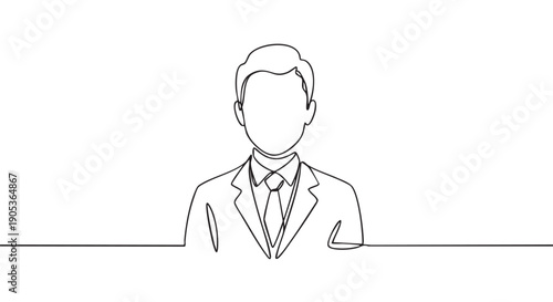 Continuous line drawing of a professional man in a suit and tie, depicted with a minimalist and abstract artistic style, showcasing a simple yet elegant illustration