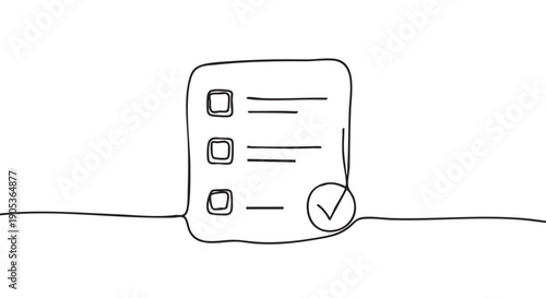 Simple hand-drawn checklist icon, rendered with a single continuous black line, features three checkboxes and text lines, with a completed task marked by a checkmark in a circle