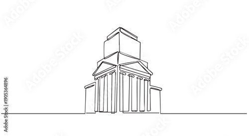 Continuous line drawing of a classical building featuring prominent columns and a pediment, rendered in a minimalist artistic style with clean, flowing lines