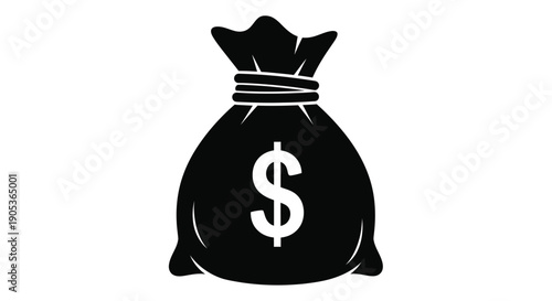 Black money bag with dollar sign symbolizing finance and wealth on a clean white background representing cash and savings