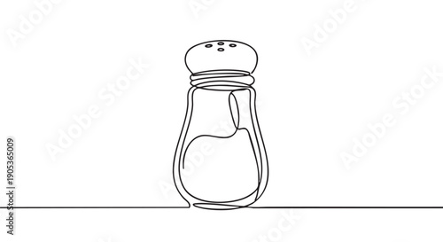 Minimalist continuous line art salt shaker illustration, rendered in elegant black ink, showcasing a simple yet sophisticated design