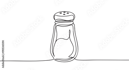 Minimalist continuous line art drawing of a salt shaker, created with a single flowing black line, highlighting its classic shape and perforated cap
