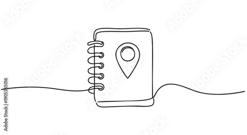 Continuous line drawing of a spiral-bound notebook featuring a prominent location pin icon on its cover, rendered in a minimalist and fluid artistic style