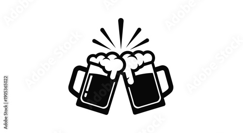 Two beer glasses clinking together with foam and splash lines symbolizing celebration and friendship
