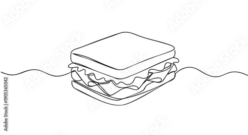 Simple continuous line drawing sandwich illustration, featuring layered ingredients between two slices of bread, rendered in a minimalist artistic style