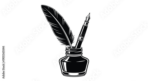 Vintage quill pen and inkwell on white background writing instrument literary tool