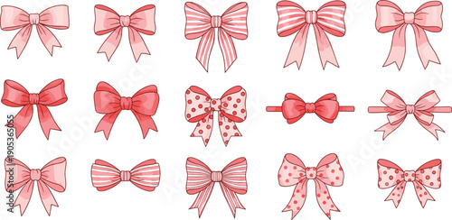 Pink ribbon bow collection with striped and polka dot gift wrapping decorations isolated on white background cute decorative cartoon vector illustration set