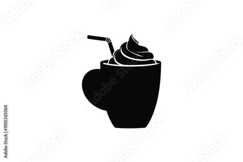 Black silhouette of a hot drink in a mug with whipped cream and a straw on a white background