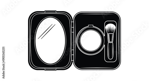 Black and white illustration of open makeup compact with mirror powder and brush for beauty routine