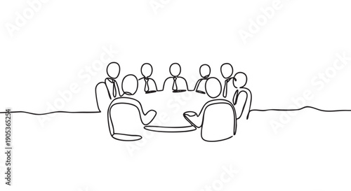 Continuous line drawing of business people meeting around a round table, illustrating collaboration, discussion, and teamwork in a minimalist artistic style