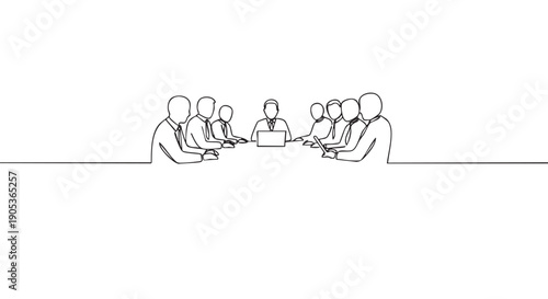 Group of business professionals engaged in a collaborative meeting, depicted in a minimalist continuous line art style, gathered around a table with one person using a laptop