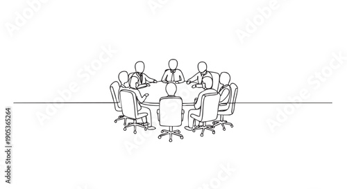 Continuous line drawing of business people meeting around a round table, illustrating collaboration, teamwork, and discussion in a minimalist, modern style