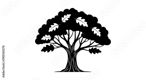 Silhouette of a Majestic Oak Tree with Detailed Leaves.
