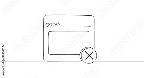 Continuous line drawing of a browser window with an 'X' close icon, rendered in a minimalist, hand-drawn style, symbolizing error or termination