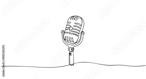 Single continuous line drawing of a vintage microphone captures a classic broadcast aesthetic with elegant simplicity and artistic flow, rendered in a minimalist black and white style