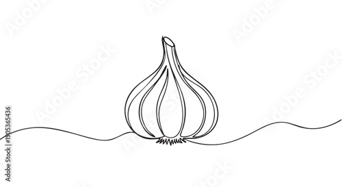 Minimalist continuous line art garlic bulb illustration, rendered in a clean black outline style with a subtle wavy line extending from its base