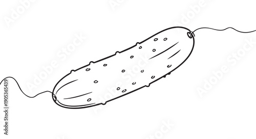 Fresh cartoon style cucumber illustration, rendered in simple black outline with textured details and wavy tendrils, conveying a playful, healthy, and organic food concept
