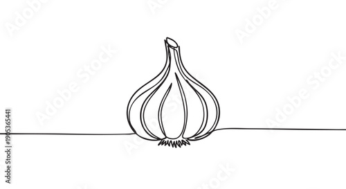Single continuous line art garlic bulb is elegantly drawn with a minimalist black stroke, showcasing its distinct shape and cloves in a simple, artistic illustration