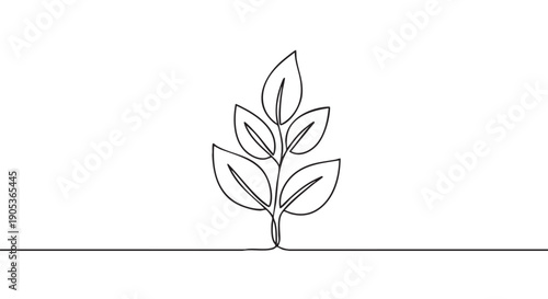 Minimalist line art plant with several leaves and a stem emerges from a continuous horizontal line, rendered in a simple, elegant black and white illustration style