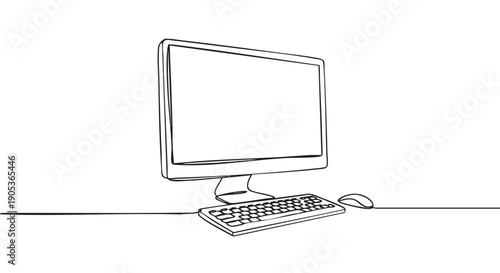 Continuous line art drawing of a desktop computer setup, featuring a monitor, keyboard, and mouse rendered with elegant, flowing black lines, conveying simplicity and modern technology