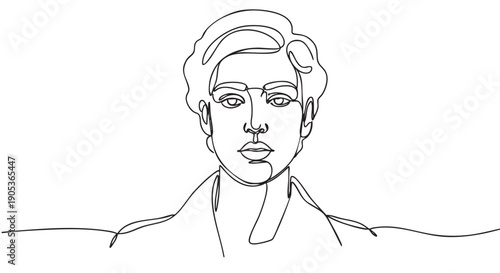 Minimalist continuous line drawing of a person's face and shoulders, rendered in a modern artistic style with a single flowing black line, conveying simplicity and elegance