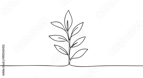 Minimalist continuous line art drawing of a plant stem with multiple leaves growing upwards from a single horizontal stroke, rendered in elegant black ink
