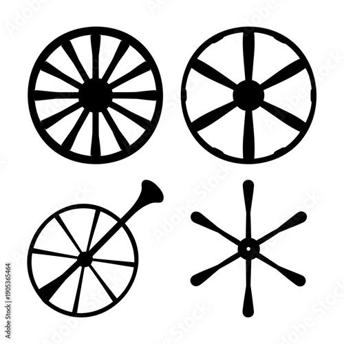 Abstract black and white spoke and wheel designs in a minimalist illustration