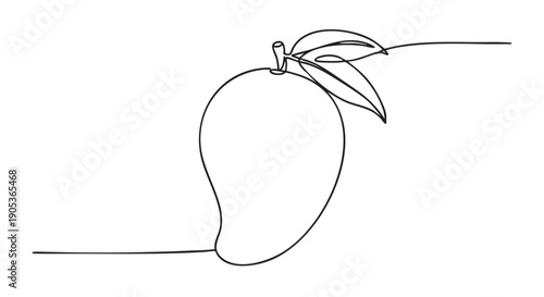 Minimalist continuous line art mango fruit with a small stem and two delicate leaves is elegantly drawn in black on a clean canvas, showcasing a simple and modern aesthetic