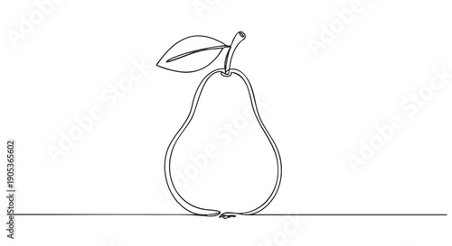 Single continuous line drawing pear with a stem and a leaf, elegantly rendered in a modern minimalist artistic style, emphasizing simplicity and freshness
