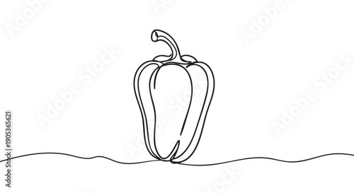 Single black line art bell pepper is depicted in a minimalist, continuous drawing style with a subtle wavy line underneath, creating a clean and simple illustration