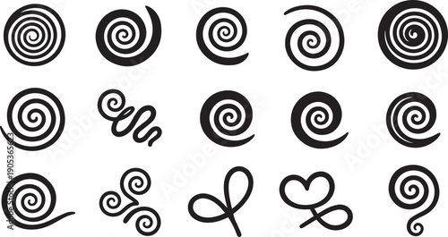A collection of various abstract swirls and organic shapes in black and white isolated on white background