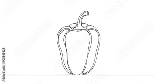 Single continuous line art bell pepper is elegantly drawn with minimalist black strokes, showcasing its organic shape and fresh appeal in a simple, artistic illustration