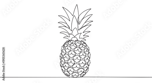 Single continuous line drawing of a pineapple stands upright, showcasing its distinctive crown and textured body in a minimalist, artistic style with clean black lines
