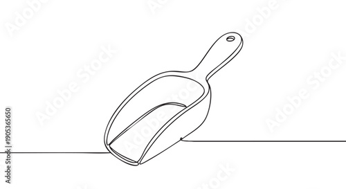 Simple continuous line drawing of a kitchen scoop, rendered with a minimalist aesthetic and clean, flowing strokes, presented in an illustrative and elegant style