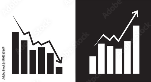 Business graphs and charts icons. Business statistics and analytics, charts diagrams, money, down or up arrow. graph growth silhouette icon set

