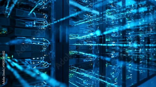 Blue lights in server room technology.