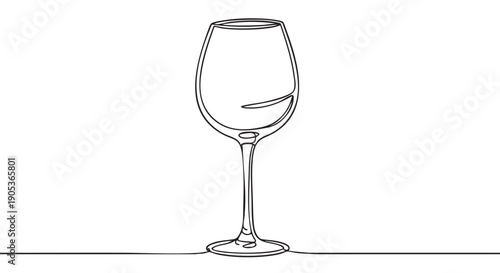 Elegant continuous line art drawing of a wine glass, showcasing a minimalist and sophisticated illustration style with smooth, flowing black lines