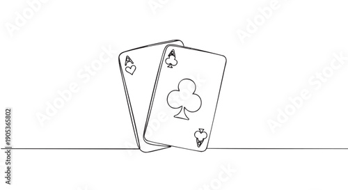 Two playing cards, an Ace of Hearts and an Ace of Clubs, are depicted in a minimalist continuous line art style, showcasing a clean, elegant illustration of gambling and chance