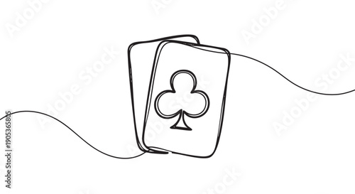 Two playing cards featuring a clubs symbol are depicted in a minimalist continuous line art style, rendered with a single flowing black stroke on a bright field