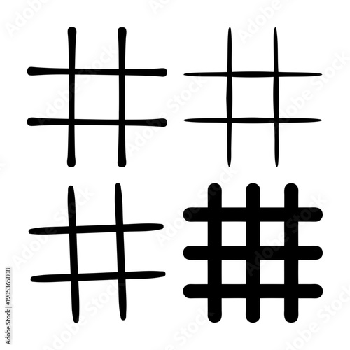 Collection of diverse hand-drawn and stylized hash symbols on white background