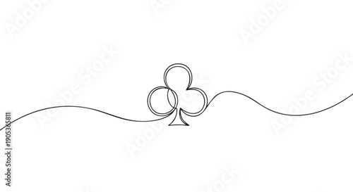 Single continuous black line drawing of a club playing card suit symbol is elegantly rendered with a minimalist aesthetic, showcasing a fluid and artistic design