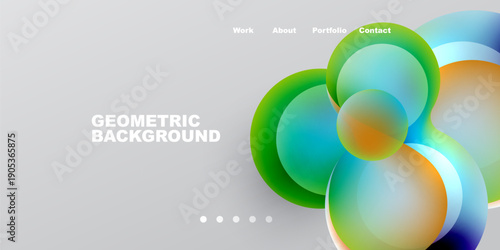 Abstract design features overlapping colorful circles. Gradient shades create dynamic visual effect. Minimalist text elements present website navigation.