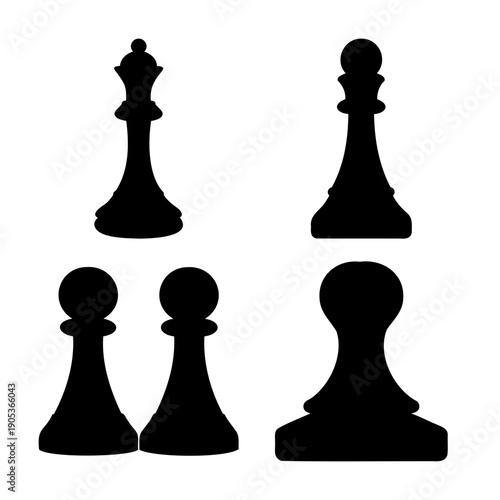 Elegant black chess piece silhouettes: queen, rook, and pawns, for strategic game concepts